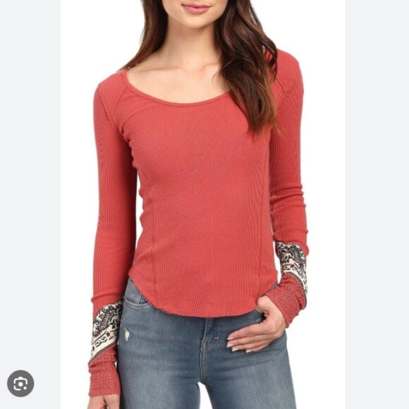Free People We the Free Knit Henley Bandana Cuff Sleeve Top Thermal Waffle Knit - Picture 1 of 7